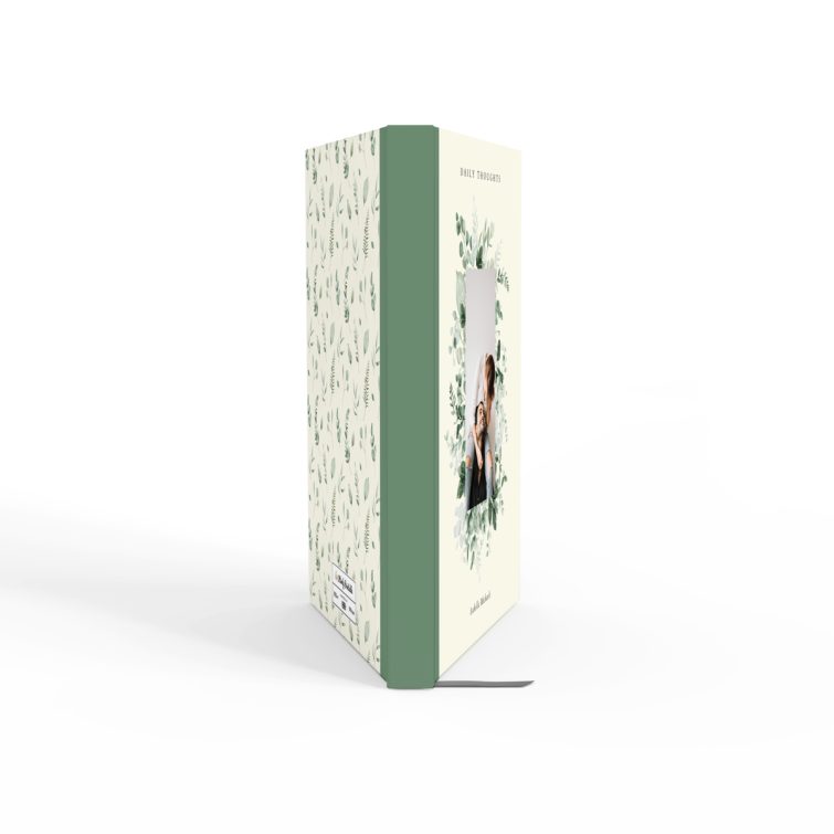 Leafy design portrait notebook cover with one photo placeholder, featuring floral patterns and personalisation options by Utterly Printable.