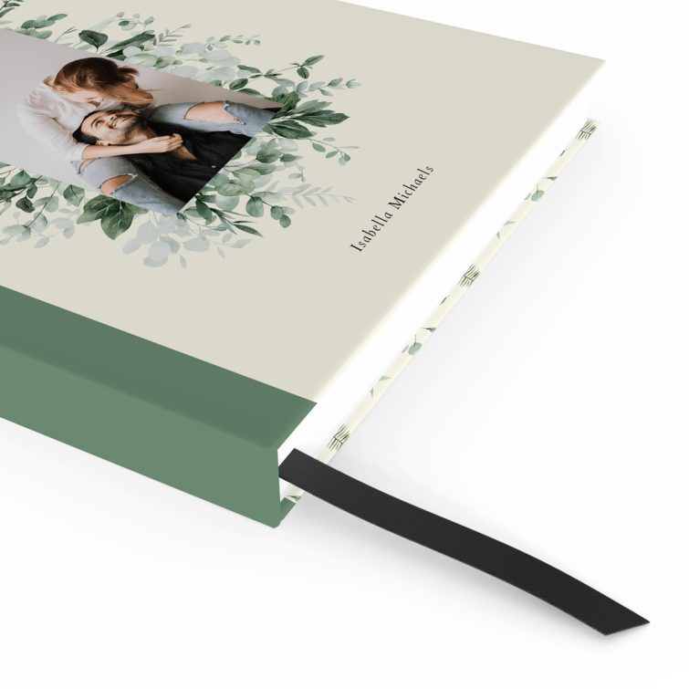 Leafy design portrait notebook cover with one photo placeholder, featuring floral patterns and personalisation options by Utterly Printable.