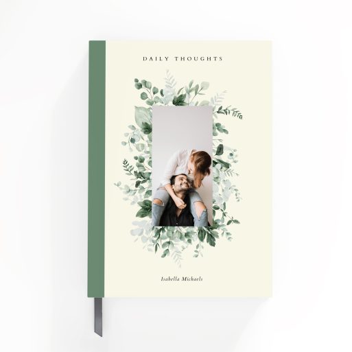 Leafy design portrait notebook cover with one photo placeholder, featuring floral patterns and personalisation options by Utterly Printable.