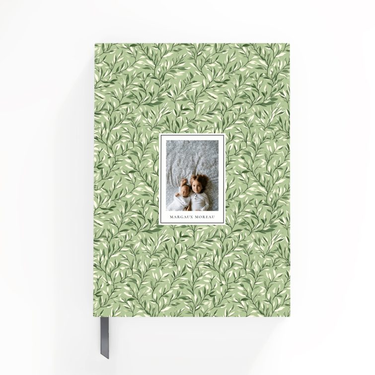 Floral green notebook cover design with one photo, personalised stationery by Utterly Printable.