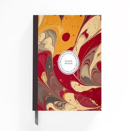 Colourful abstract design for personalised notebooks with two photo placeholders on the cover.