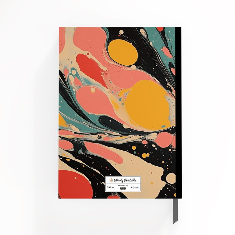 Colourful abstract design notebook cover with two photos displayed, created by Utterly Printable for personalised stationery.