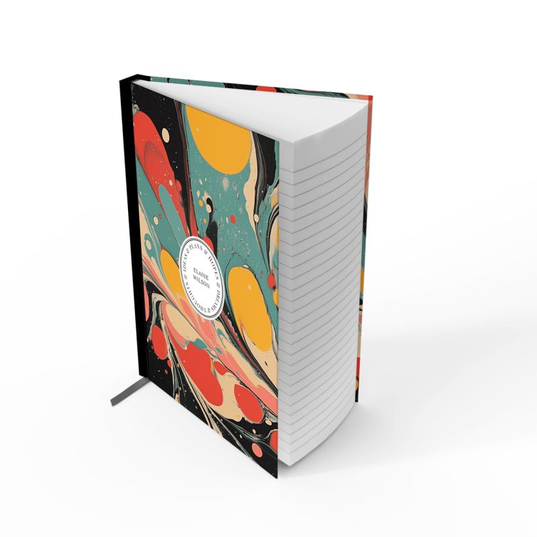 Colourful abstract design notebook cover with two photos displayed, created by Utterly Printable for personalised stationery.