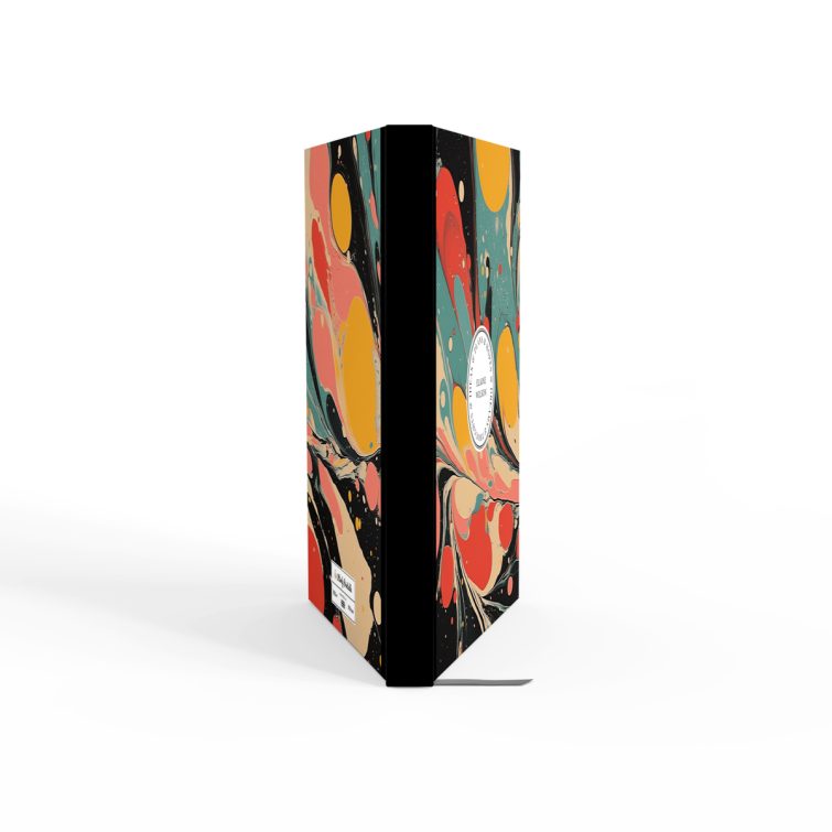 Colourful abstract design notebook cover with two photos displayed, created by Utterly Printable for personalised stationery.