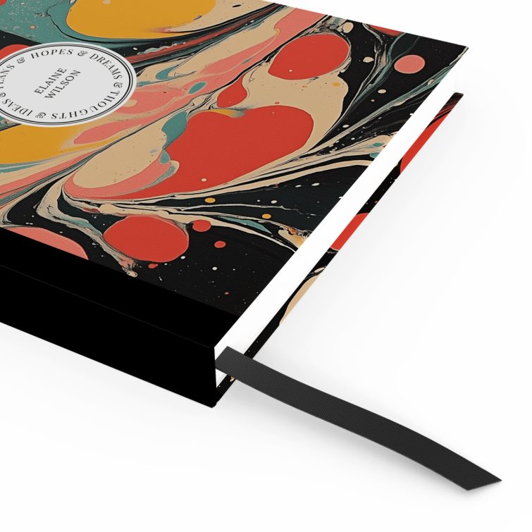 Colourful abstract design notebook cover with two photos displayed, created by Utterly Printable for personalised stationery.