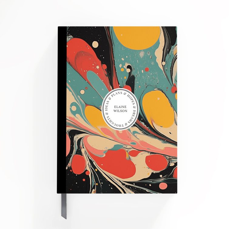 Colourful abstract design notebook cover with two photos displayed, created by Utterly Printable for personalised stationery.