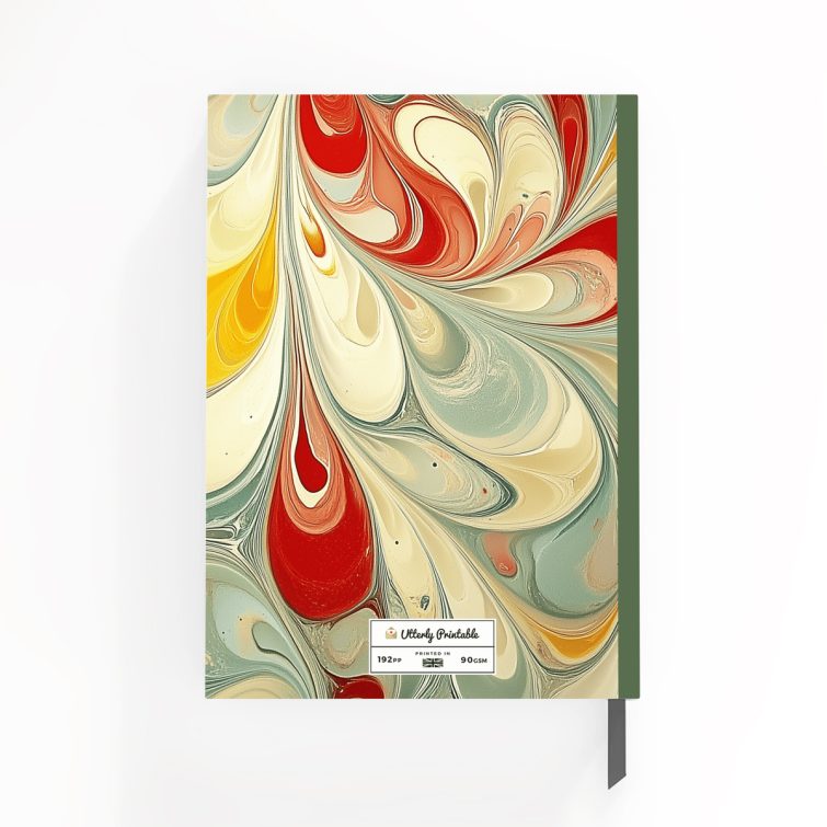 Colourful marbled design for personalised notebooks with elegant cover spread, including one photo placeholder.