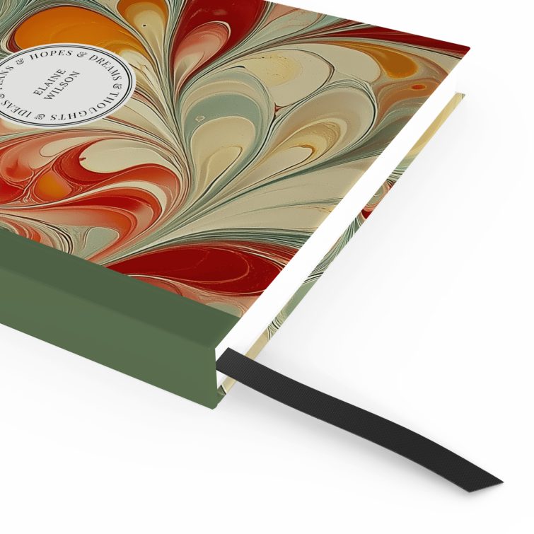 Colourful marbled design for personalised notebooks with elegant cover spread, including one photo placeholder.