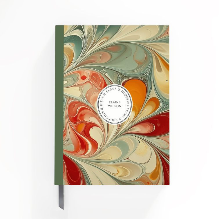 Colourful marbled design for personalised notebooks with elegant cover spread, including one photo placeholder.