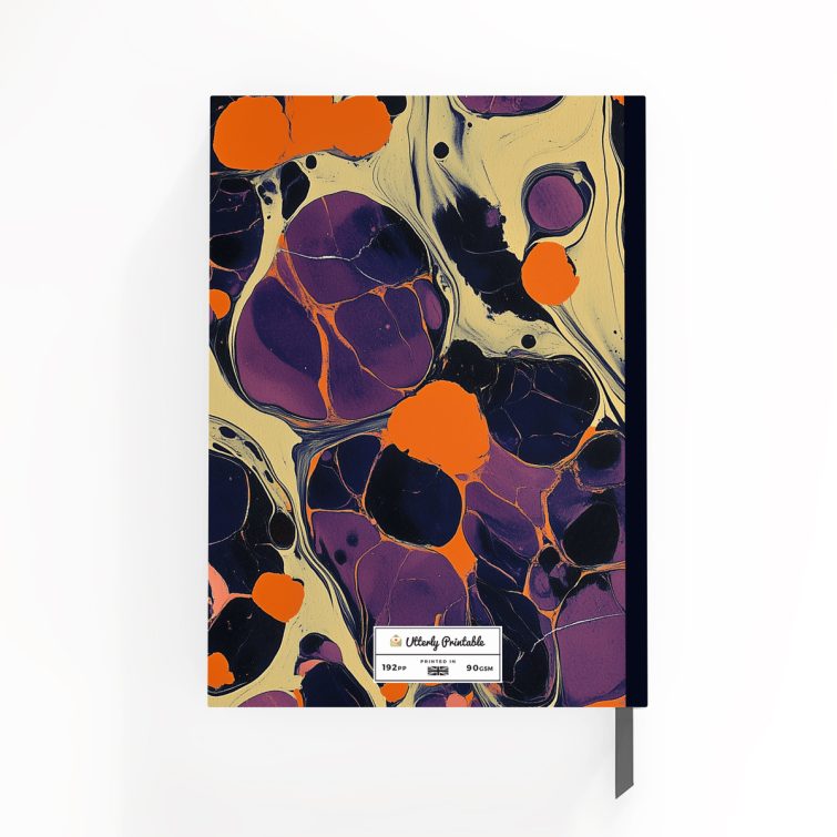 Abstract marbled design notebook cover with vibrant orange and purple patterns, featuring one photo placeholder on the front cover.