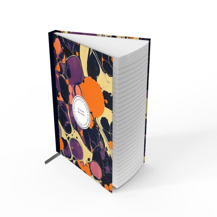 Abstract marbled design notebook cover with vibrant orange and purple patterns, featuring one photo placeholder on the front cover.