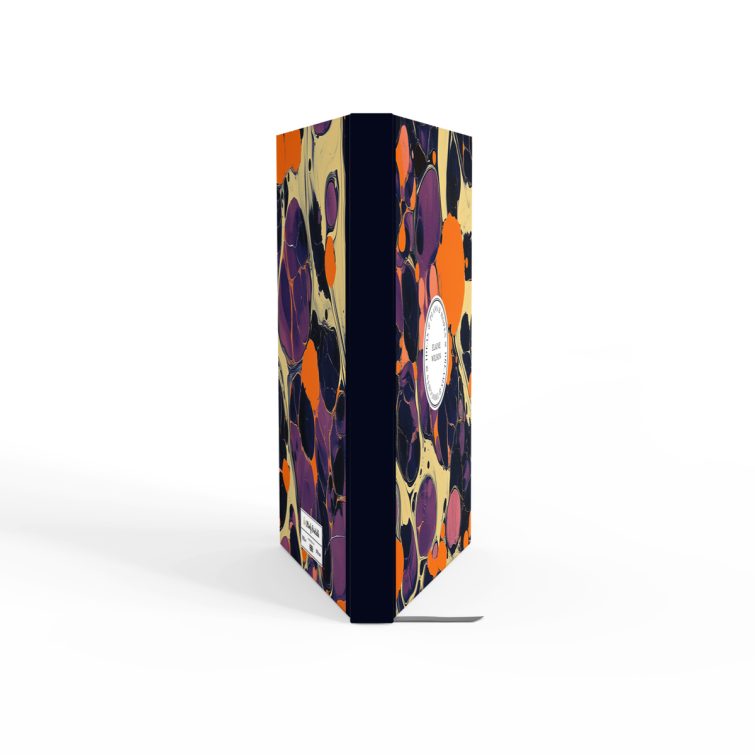 Abstract marbled design notebook cover with vibrant orange and purple patterns, featuring one photo placeholder on the front cover.