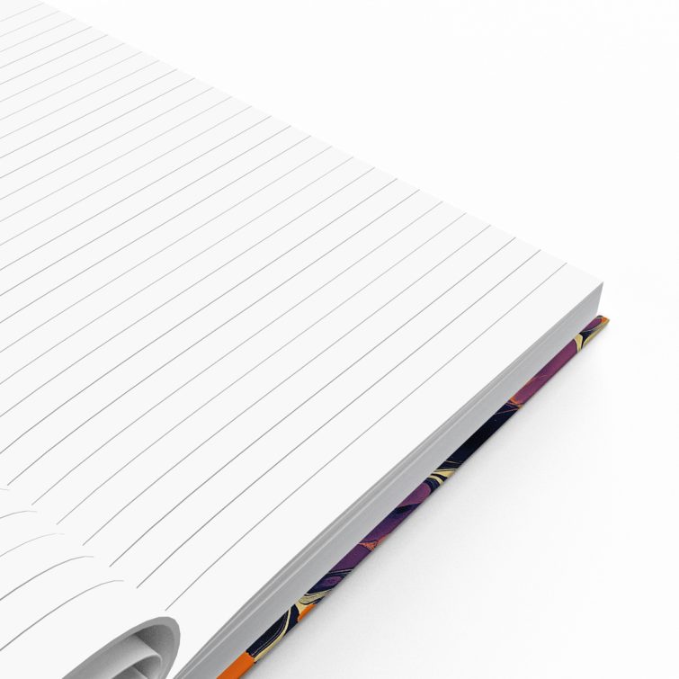 Abstract marbled design notebook cover with vibrant orange and purple patterns, featuring one photo placeholder on the front cover.