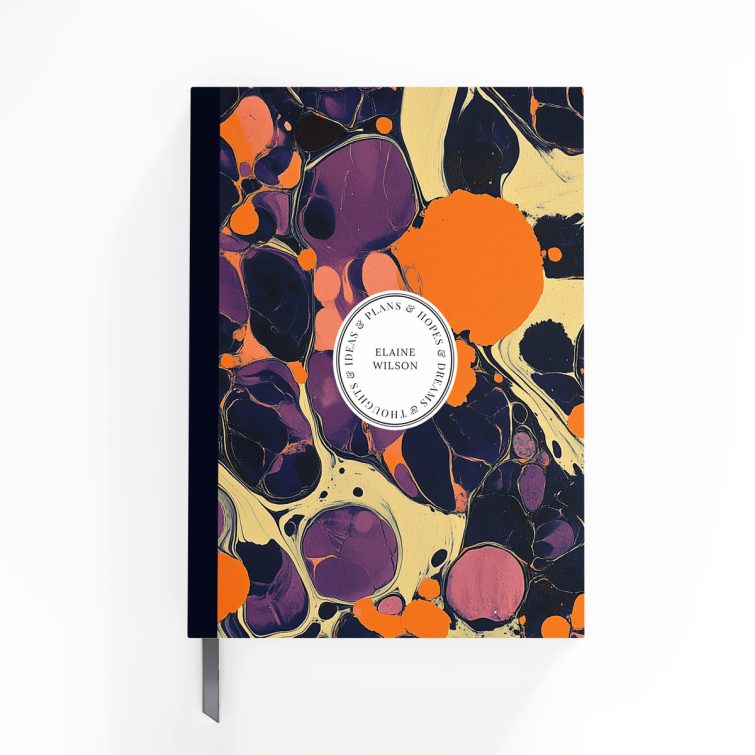 Abstract marbled design notebook cover with vibrant orange and purple patterns, featuring one photo placeholder on the front cover.