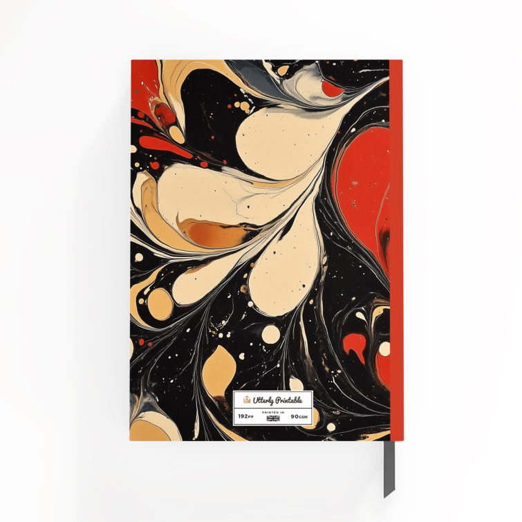 Colourful marbled design for personalised notebooks with one circular photo placeholder on the front cover.