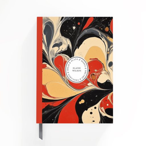 Colourful marbled design for personalised notebooks with one circular photo placeholder on the front cover.