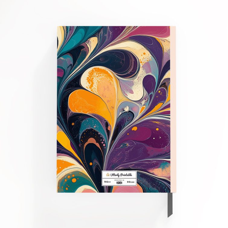 Colourful abstract design for personalised notebooks featuring marbled artwork with one photo placeholder on the front cover.