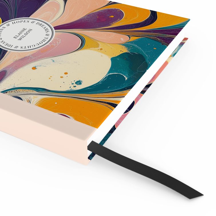 Colourful abstract design for personalised notebooks featuring marbled artwork with one photo placeholder on the front cover.