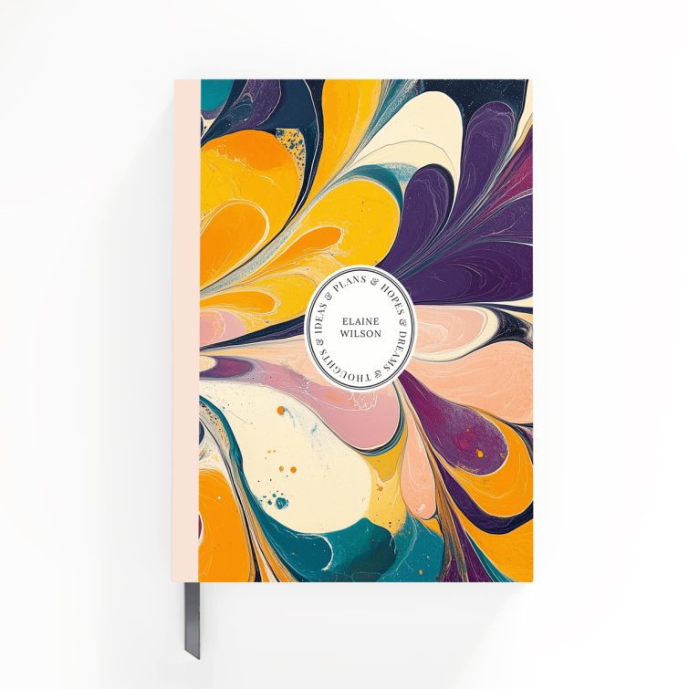 Colourful abstract design for personalised notebooks featuring marbled artwork with one photo placeholder on the front cover.