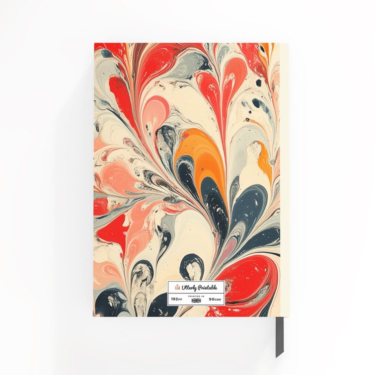 Colourful marbled design for personalised notebooks with no photos, full cover spread including front, spine, and back.