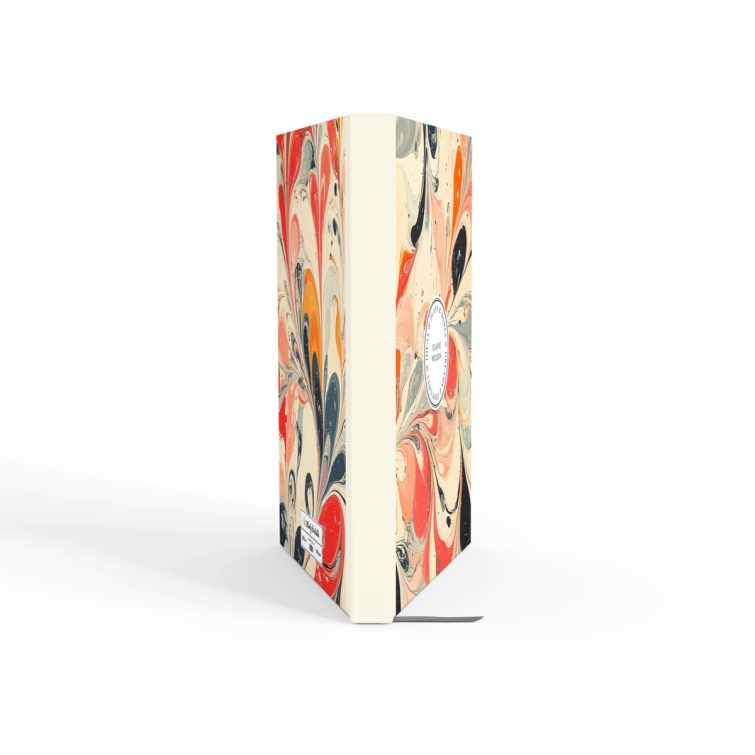 Colourful marbled design for personalised notebooks with no photos, full cover spread including front, spine, and back.