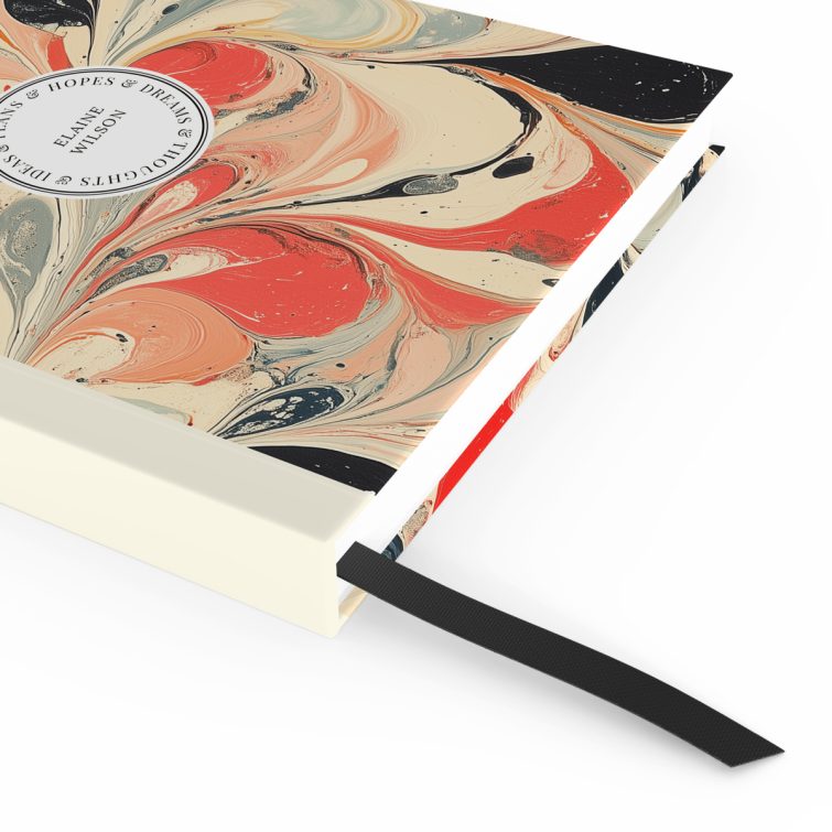 Colourful marbled design for personalised notebooks with no photos, full cover spread including front, spine, and back.