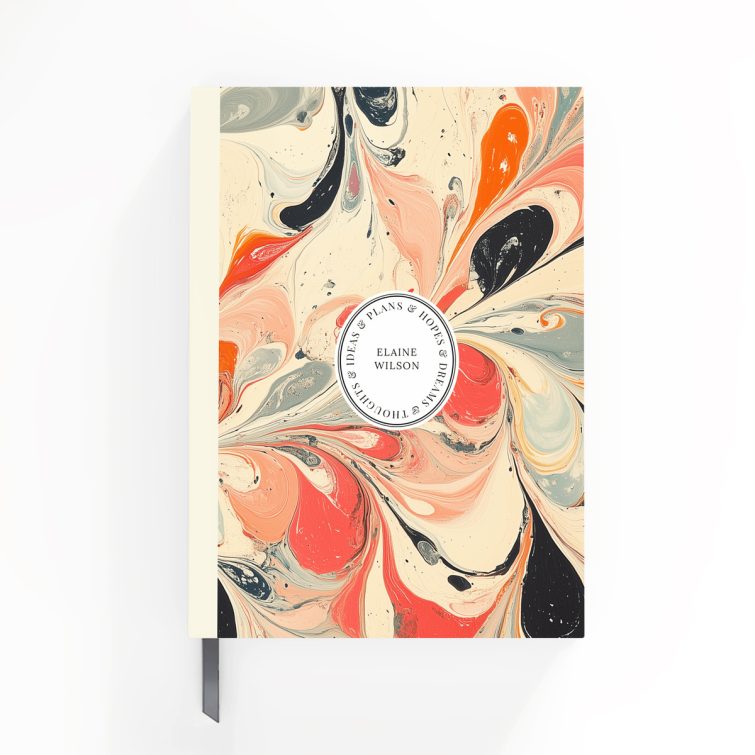 Colourful marbled design for personalised notebooks with no photos, full cover spread including front, spine, and back.