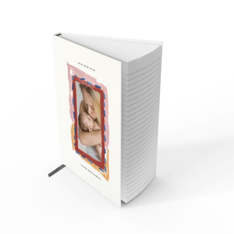 Portrait orientation personalised notebook design with abstract border and one photo, by Utterly Printable.