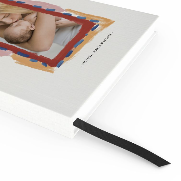 Portrait orientation personalised notebook design with abstract border and one photo, by Utterly Printable.