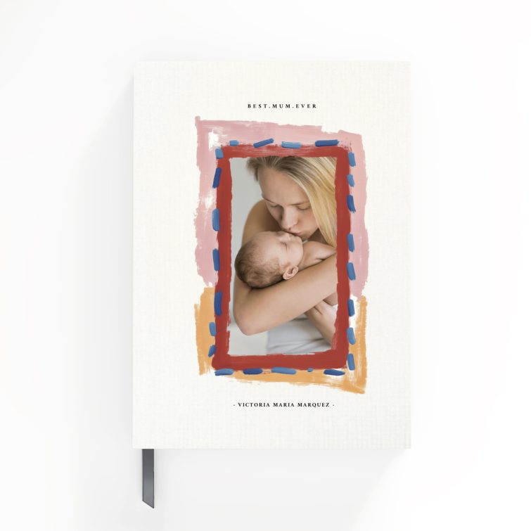 Portrait orientation personalised notebook design with abstract border and one photo, by Utterly Printable.