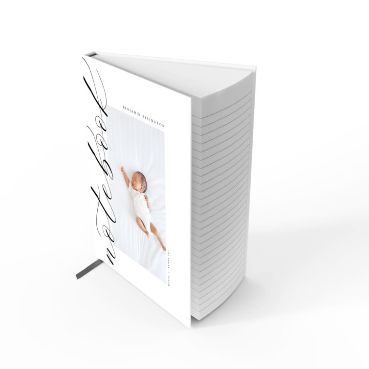 Portrait baby-themed notebook cover design with one photo on white background by Utterly Printable.