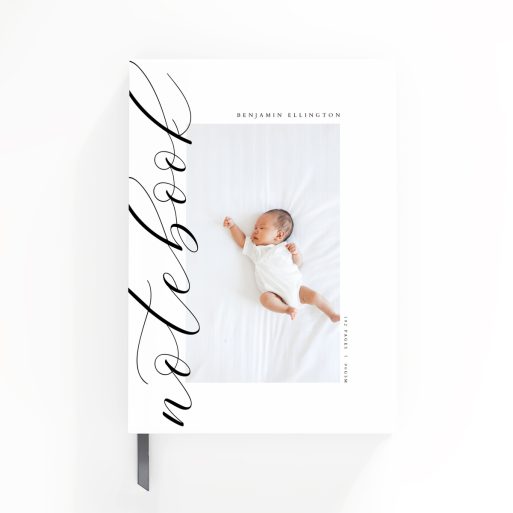 Portrait baby-themed notebook cover design with one photo on white background by Utterly Printable.