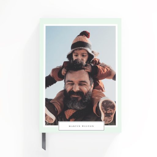 Portrait orientation personalised notebook cover design with one photo on front cover by Utterly Printable.