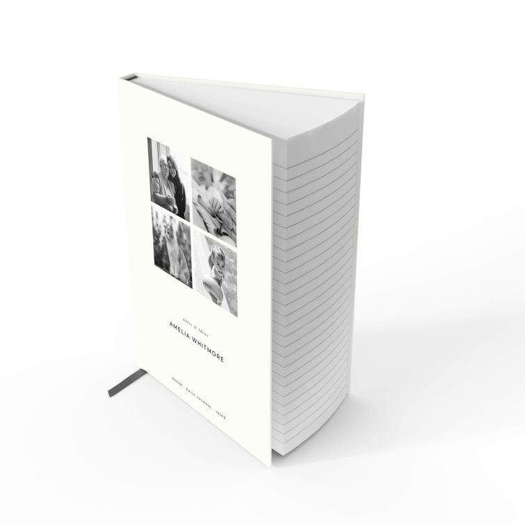 Personalised notebook design with four black and white photos on the cover, created by Utterly Printable.