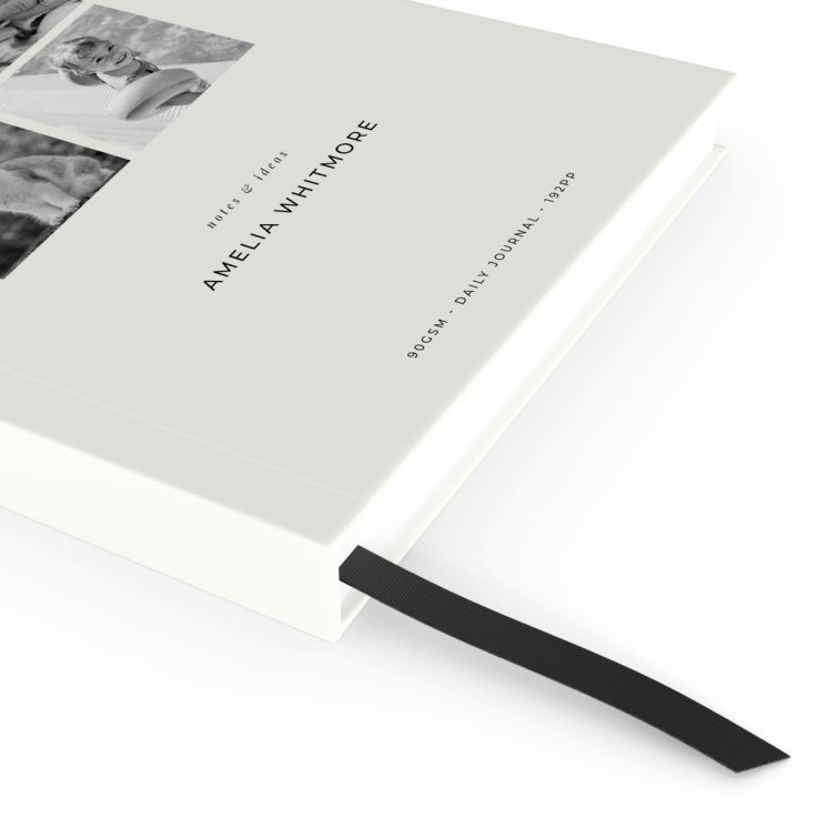 Personalised notebook design with four black and white photos on the cover, created by Utterly Printable.