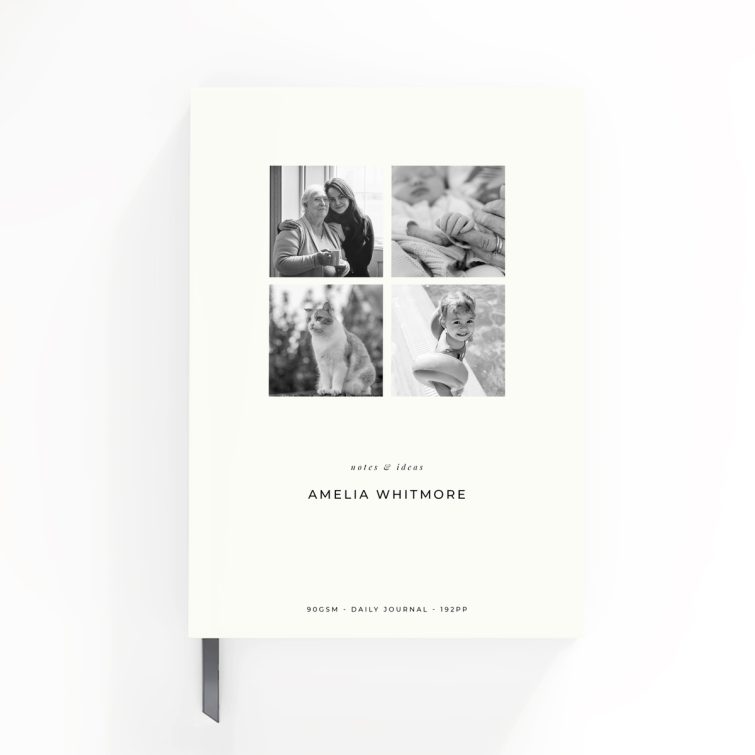 Personalised notebook design with four black and white photos on the cover, created by Utterly Printable.