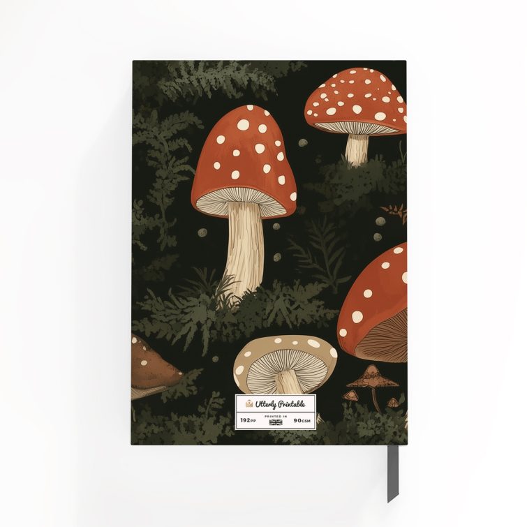 Mushroom-themed notebook cover design with forest illustrations and two dummy photos.