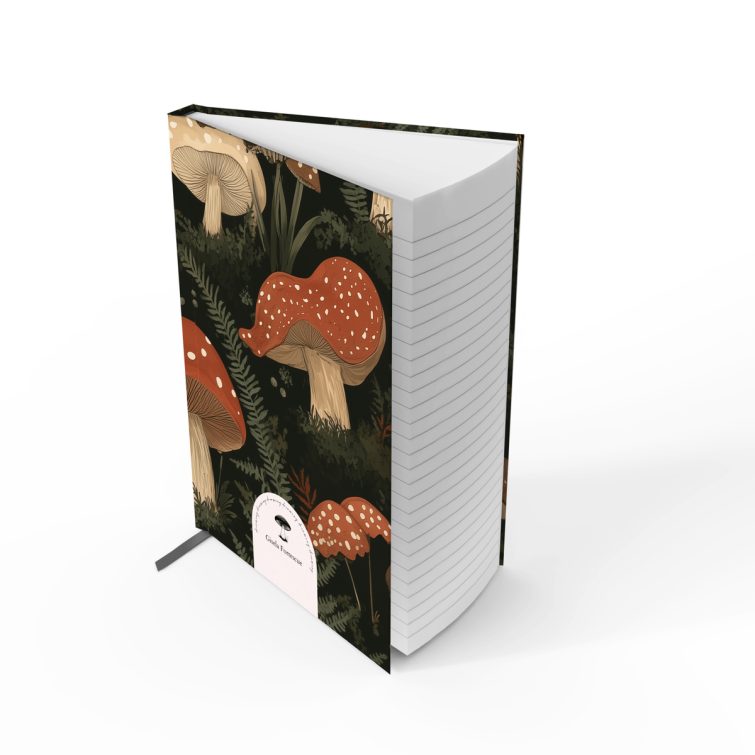 Mushroom-themed notebook cover design with forest illustrations and two dummy photos.