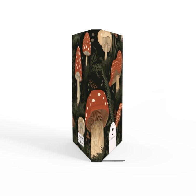 Mushroom-themed notebook cover design with forest illustrations and two dummy photos.