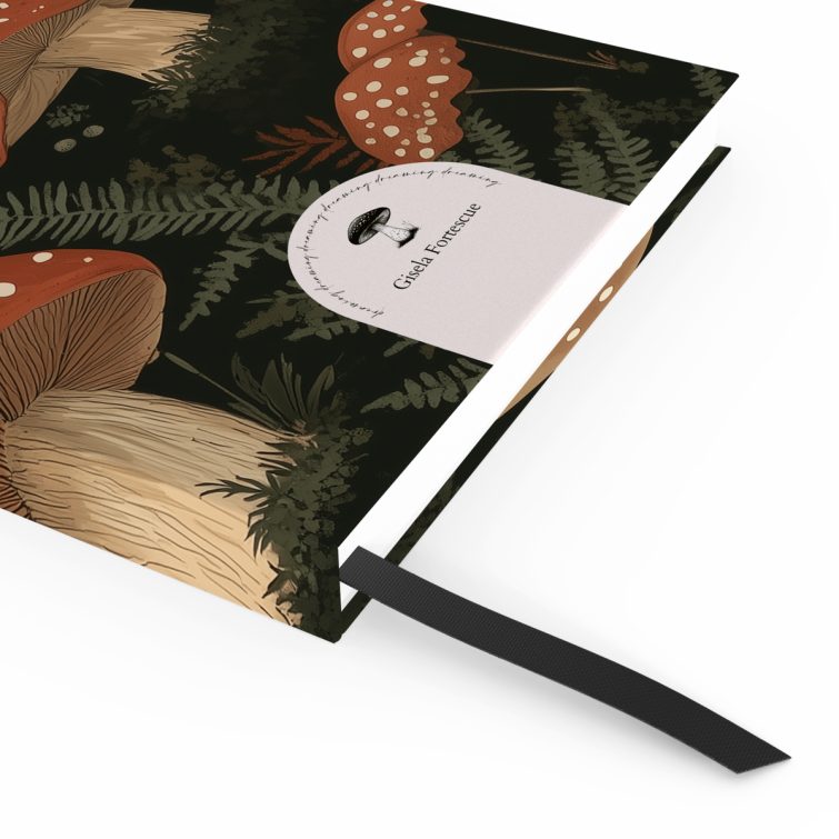 Mushroom-themed notebook cover design with forest illustrations and two dummy photos.