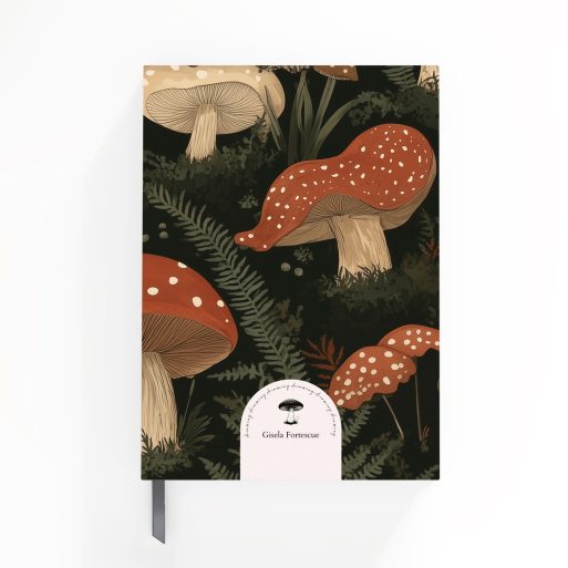 Mushroom-themed notebook cover design with forest illustrations and two dummy photos.