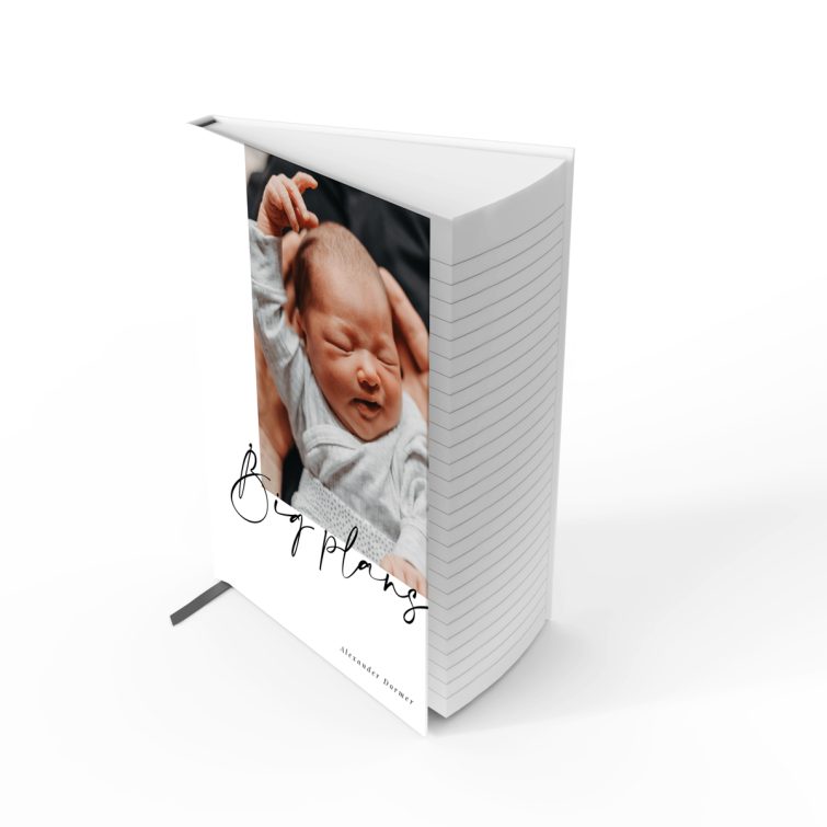 Portrait orientation baby photo notebook design with one image on the cover from Utterly Printable.