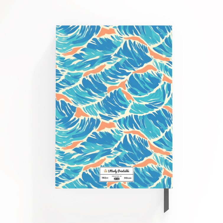 Colourful abstract ocean-themed notebooks design with one circular photo element on the cover.