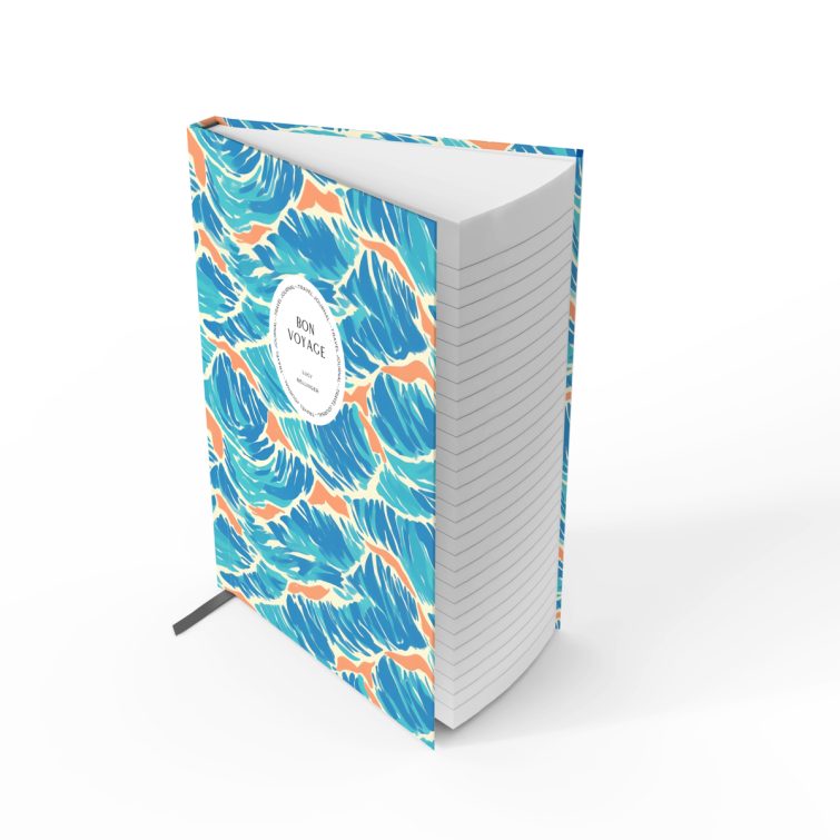 Colourful abstract ocean-themed notebooks design with one circular photo element on the cover.