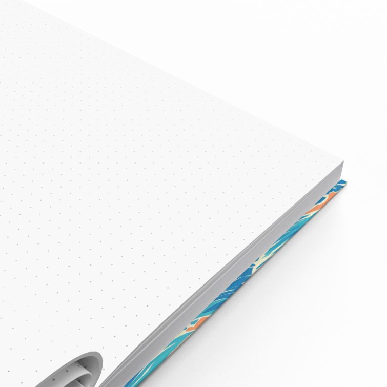 Colourful abstract ocean-themed notebooks design with one circular photo element on the cover.