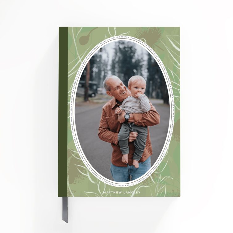 Green floral notebook design with one photo on the cover, ideal for personalised stationery enthusiasts in the UK.