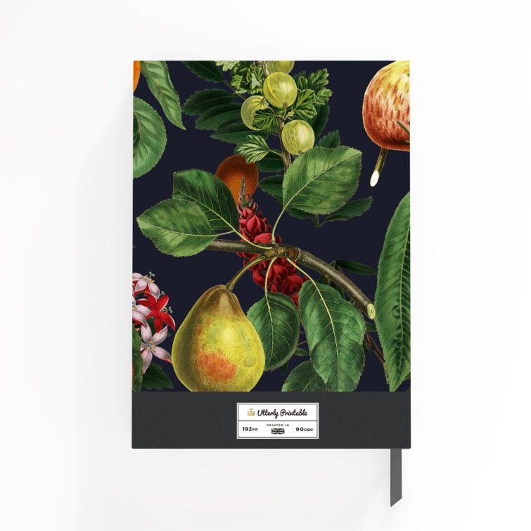 Colourful botanical design notebook with vibrant fruit illustrations on the cover, featuring one photo placeholder on the back cover.