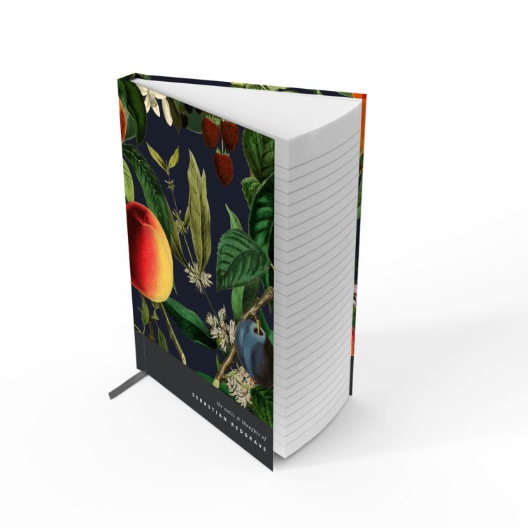 Colourful botanical design notebook with vibrant fruit illustrations on the cover, featuring one photo placeholder on the back cover.