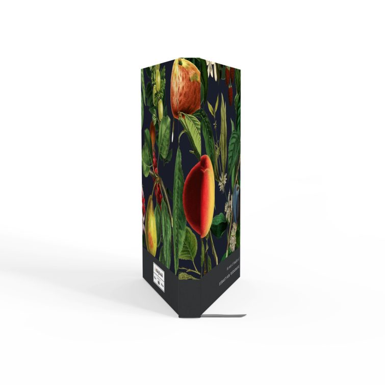 Colourful botanical design notebook with vibrant fruit illustrations on the cover, featuring one photo placeholder on the back cover.