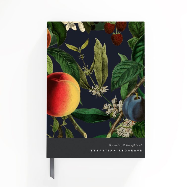 Colourful botanical design notebook with vibrant fruit illustrations on the cover, featuring one photo placeholder on the back cover.